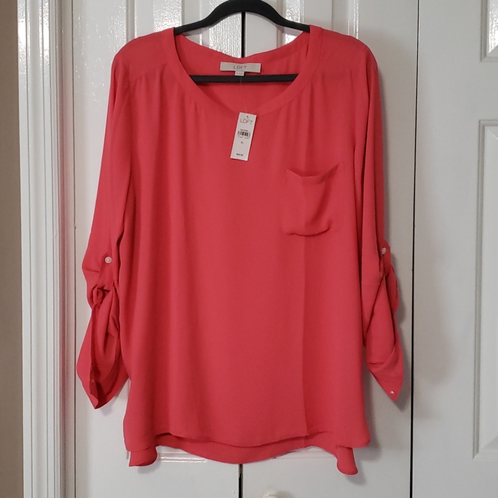 Ann Taylor Loft Coral Roll Sleeve Utility Top XL